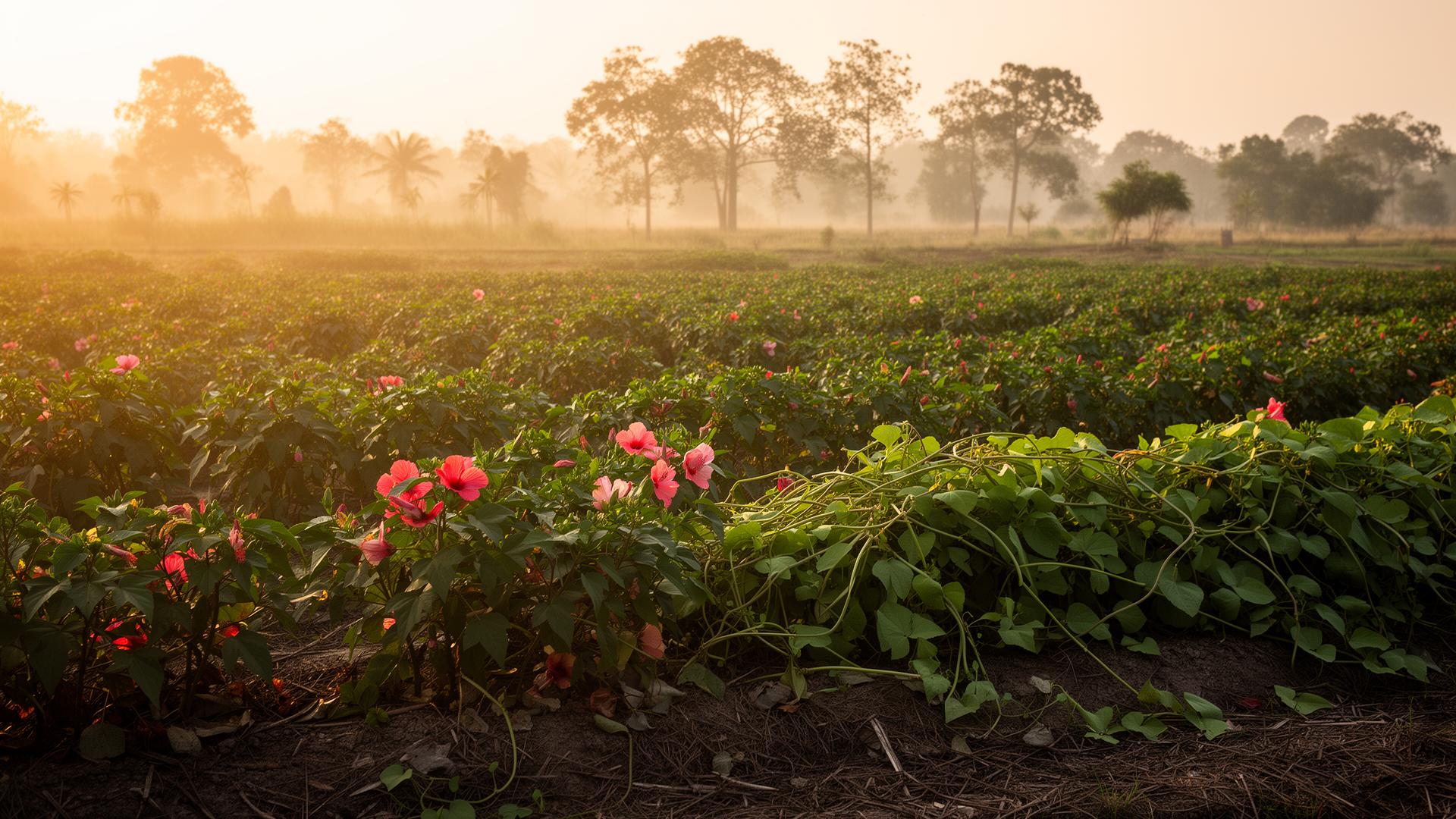 A sunlit smallholder farm with hibiscus and yam vines